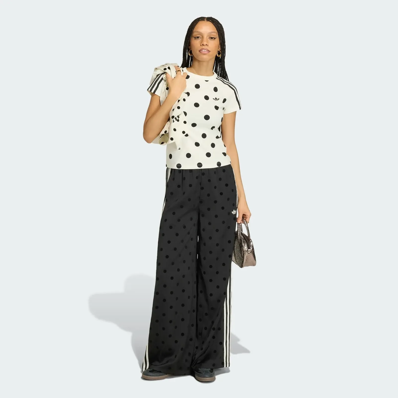 Adidas Satin Polka Dots Wide Leg Pant Black, on model, side