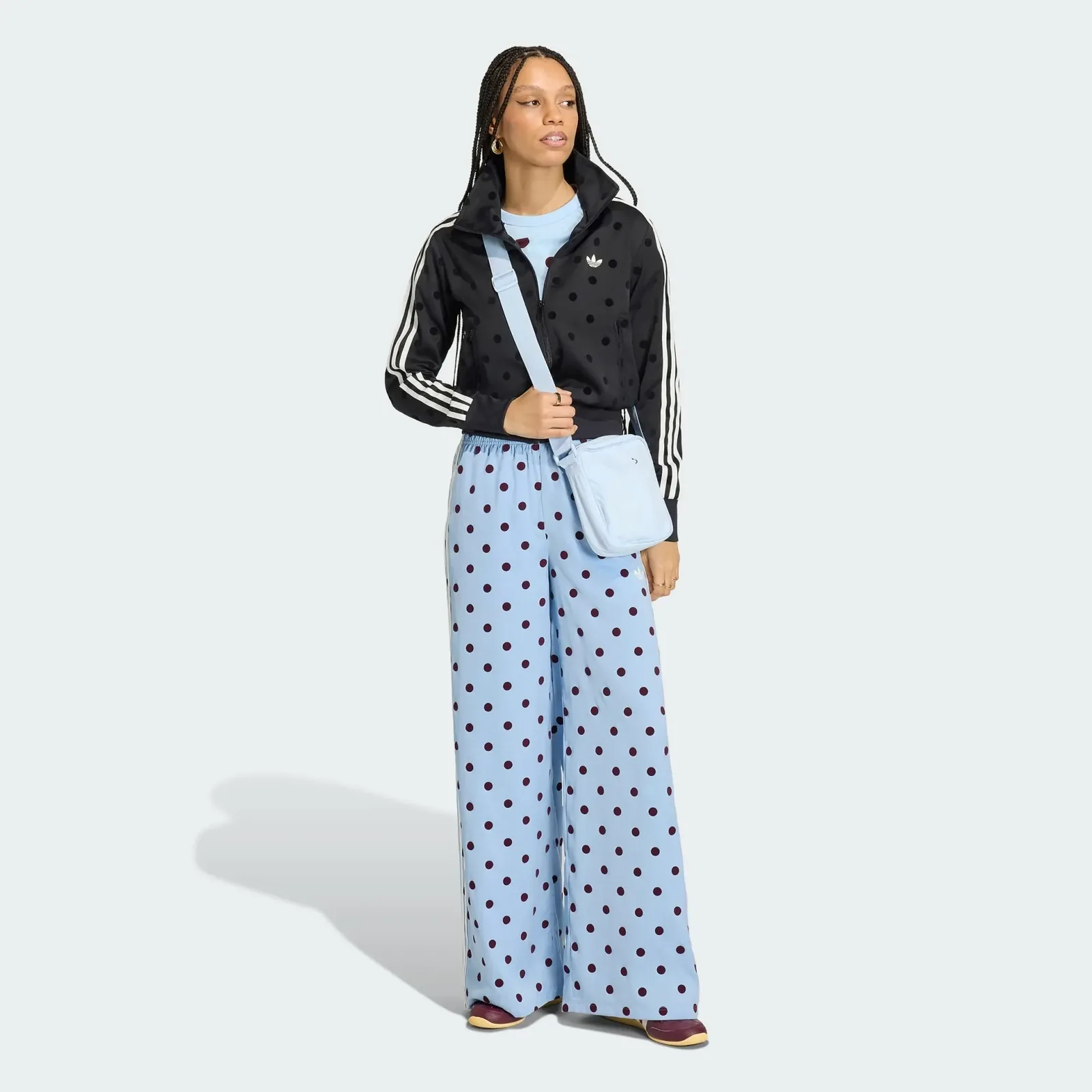 Adidas Satin Polka Dots Wide Leg Pant Clear Sky, on model, side