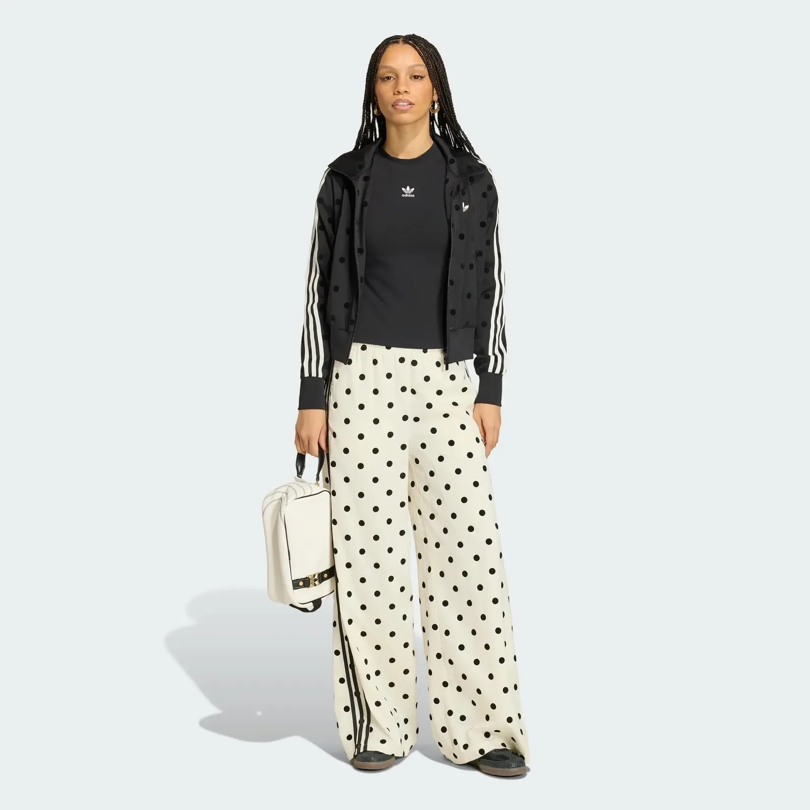 Adidas Satin Polka Dots Wide Leg Pant Off White, on model, side